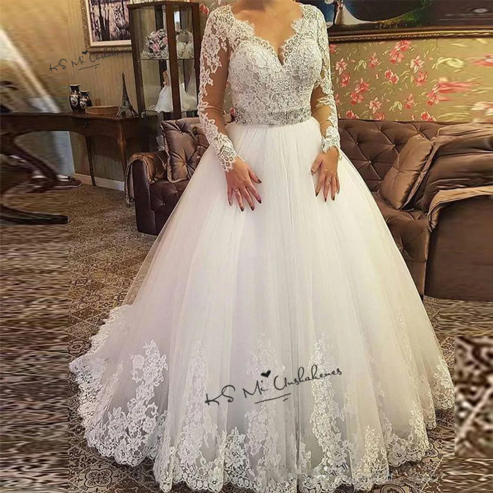 Vestido de Noiva Новое кружевное свадебное платье пояс с кристаллами свадебное платье с длинным рукавом v-образный вырез принцесса свадебные платья для женщин Mariage