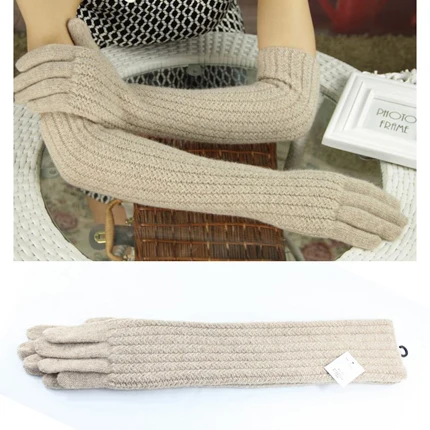 beige Женские Длинные шерстяные перчатки, зимние теплые вязаные перчатки, черные модные красные женские перчатки длиной до локтя, шерстяные вязаные перчатки - Цвет: beige