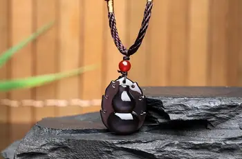 

LETSFUN Fine Jewelry 100% Natural Color Obsidian Carved Chinese Lucky gourd Pendant + free Necklace Free Shipping