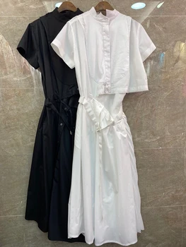 

2020 Spring and Summer New Women's Clothing Lining Dress Decoration round Neck lu yao Short Sleeves Solid Color Dress 422