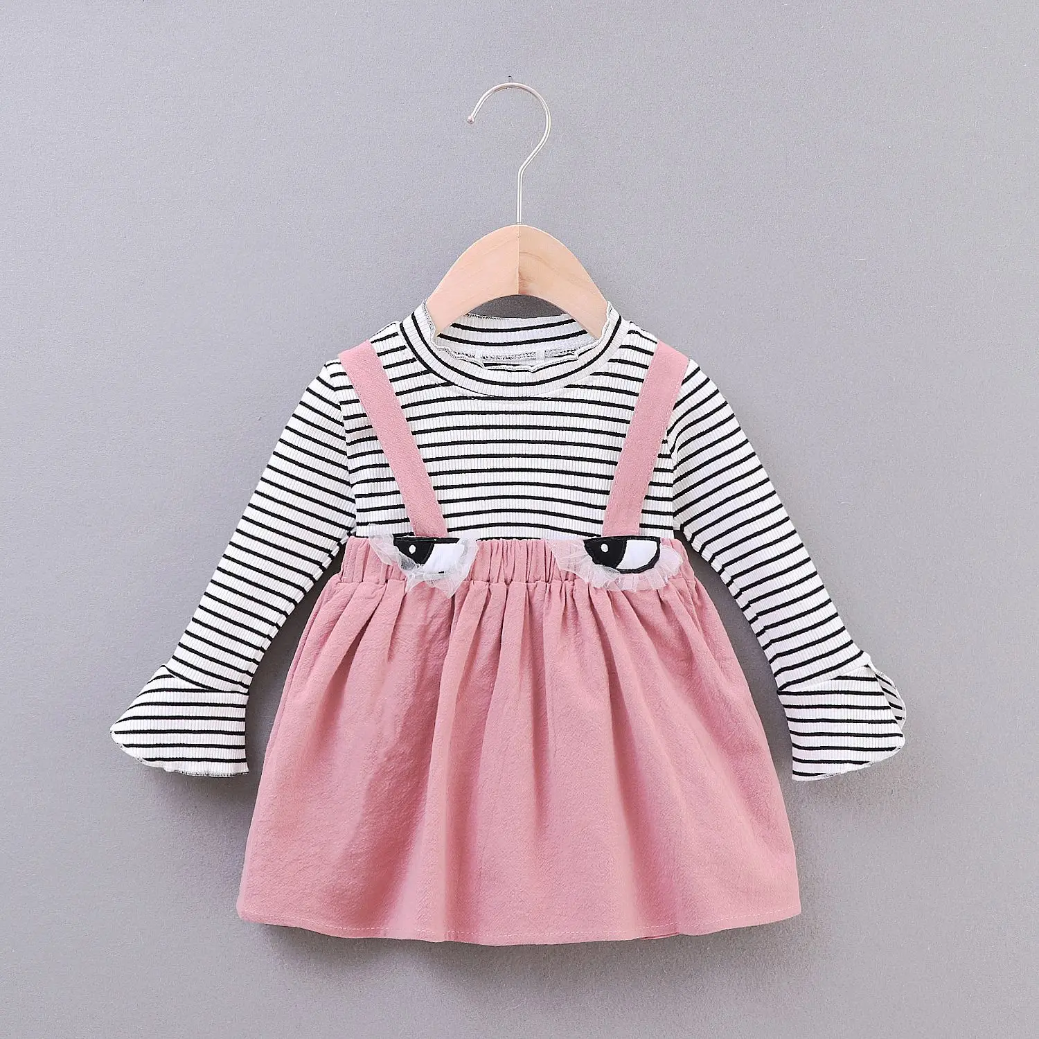 Новое осеннее платье для малышей vestido infantil нижняя рубашка с длинными рукавами для маленьких девочек+ пояс, Детский костюм детская одежда из 2 предметов, 123 год - Цвет: Розовый