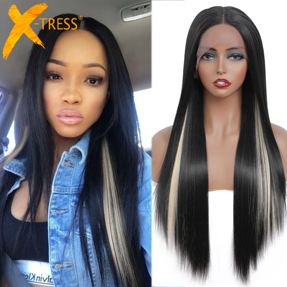X-tress Synthetic Lace Front Wig Middle Part Highlight Black Color Long  Straight Swiss Lace Hairstyle For Women Daily Hair Wigs - Synthetic Lace  Wigs(for Black) - AliExpress