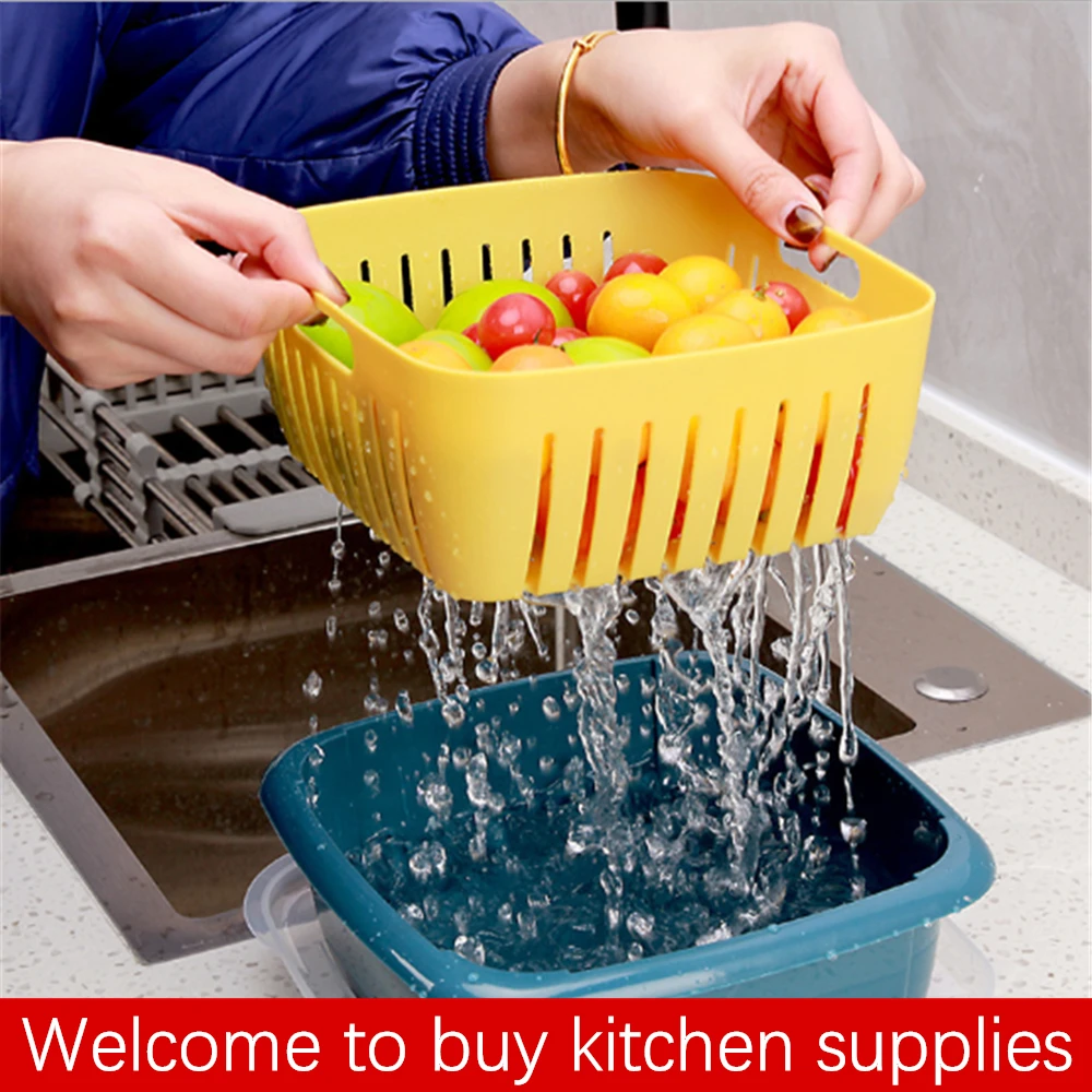 

Three-piece Double Drain Basket Washing Kitchen Refrigerator Strainer Plastic Food Strainer Fruit Wash Colander Bowl Rice Sieve