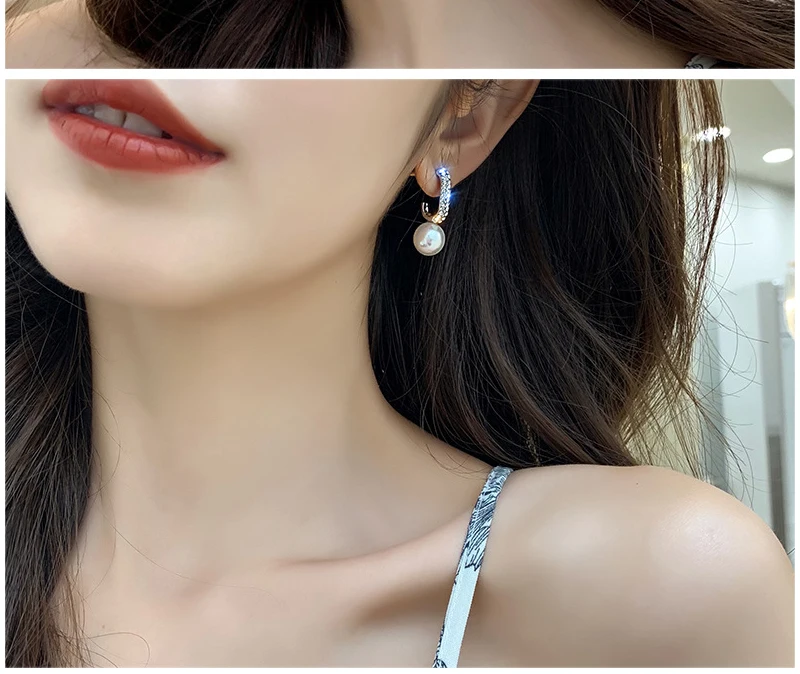 Rhinestone Spar микро-инкрустация Геометрическая Серьга C форма металлическая имитация жемчуга Серьги-кольца корейский S925 Серебряная булавка женские ювелирные изделия