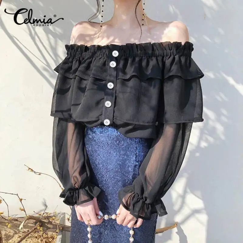

2020 Office Sexy Off Shoulder Strapless Summer Ruffled Tops Celmia Women Long Sleeve Fashion Blouses Perspective Buttons Blusas