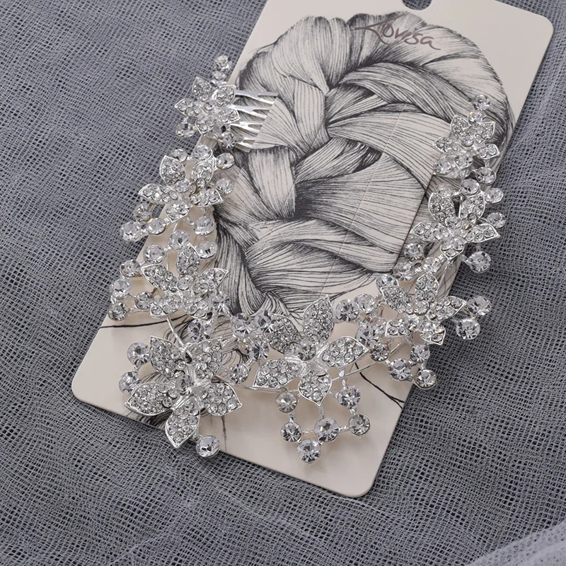 heavy handmade craft shiny crystal rhinestone flower metal hair accessories silver bridal hair comb wedding jewelry crown