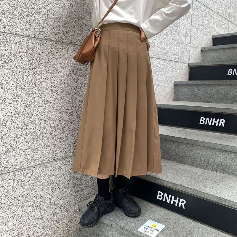 Khaki Японская уличная одежда Харадзюку Faldas Mujer Moda, высокая талия, цвета хаки, черный, плиссированные юбки средней длины, Женская винтажная элегантная юбка для девушек - Цвет: Khaki