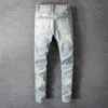 Men Crystal Holes Ripped Patchwork Jeans Streetwear Light Blue Denim Slim Skinny Pencil Pants Trousers 2
