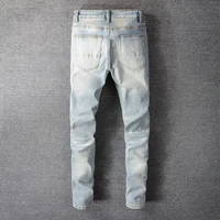 Men Crystal Holes Ripped Patchwork Jeans Streetwear Light Blue Denim Slim Skinny Pencil Pants Trousers 2