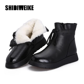 

Waterproof Women Snow Boots 100% Genuine Leather Wool Platform Ankle Boots For Women Winter Fur Warm Flat Shoes V110