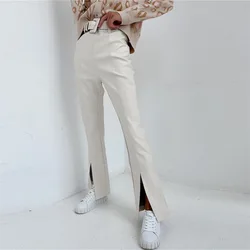 Pantalon en cuir de couleur unie pour femmes, Long, décontracté, taille haute, fente droite 