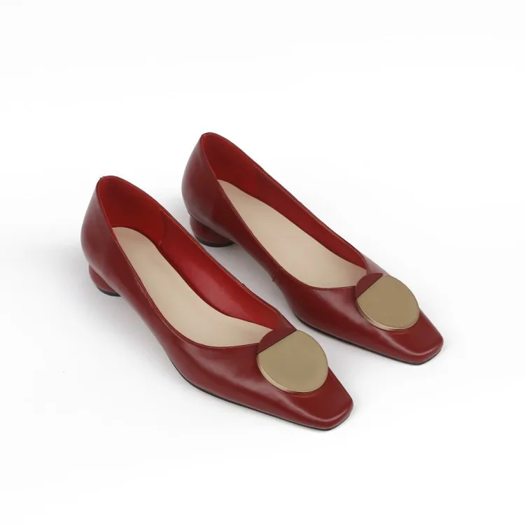 

Spring And Autumn Fashion Full-grain Leather Rubber Sole Square Head round Fastener Low Heel Korean-style Shoes