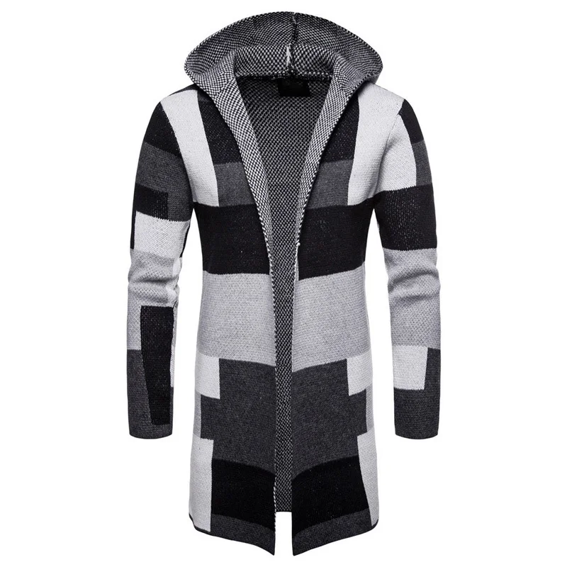 Vintage Style Mens Knitted Cloak Sweater Coat Hooded Patchwork Cardigan Grid Pattern Designer Loose Winter For Men A396 | Мужская одежда
