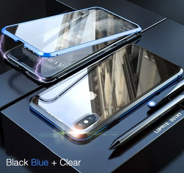 Black Blue Магнитный металлический чехол для iPhone 11 Pro Max X XR XS MAX, Магнитный чехол из закаленного стекла 360, двусторонний чехол для iPhone 8, 7, 6, 6S Plus - Цвет: Black Blue