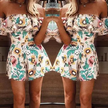 

2019 Summer Fashion Jumpsuits Overalls For Women New Lady Floral Printed Ruffle Beach Summer Off Shoulder Romper Hot
