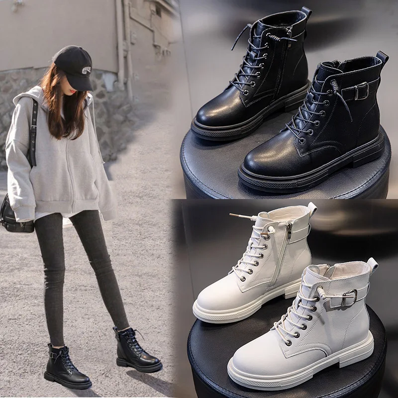 2020 Winter Fashion Women's Boots Lace Up Calf Round Head Women's Martin Boots Black Mid Heel Square Heel Women Shoes