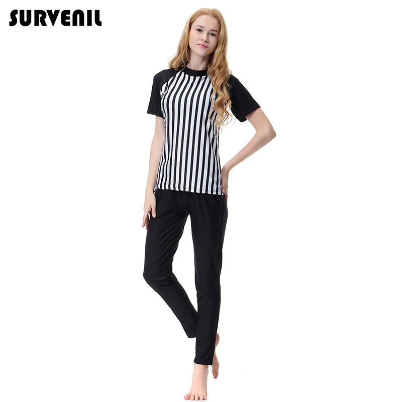 

Swimming Suit for Women Modest Muslim Swimwear Striped Full Cover Short Sleeve Swimsuit Islamic Hijab Islam Burkinis Beach Wear