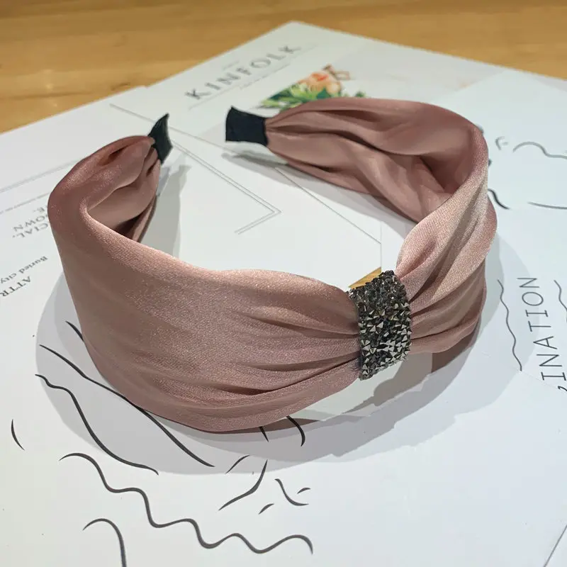 Korean women's new hair accessories Korea solid color rhinestones wide-brimmed light headband headband - Color: Pink