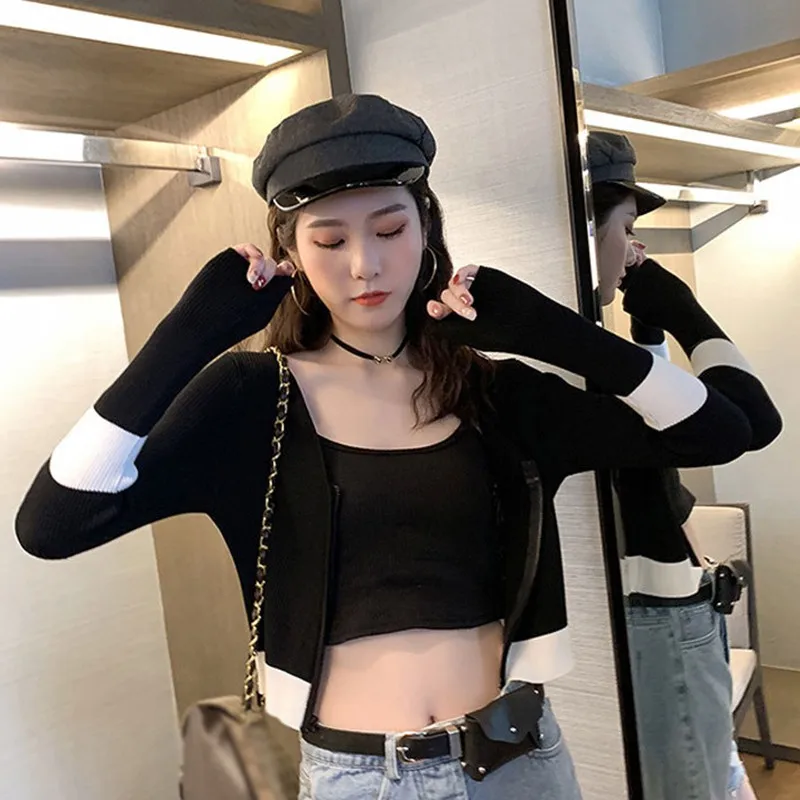 

Sweater Women Knit Cardigan Zipper Tops Autumn Sweater Long-sleeved Stitching Female Tops V-neck Slim Ice Silk Sweaters #25