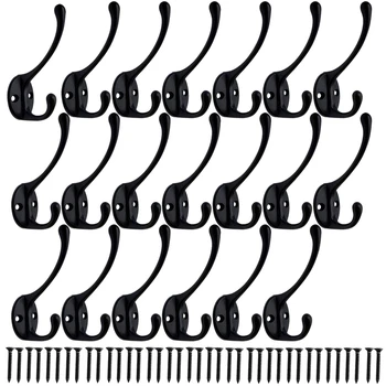 

20Pcs Dual Coat Hooks Wall Mounted With 40 Screws Retro Double Hooks Utility Black Hooks for Coat, Scarf, Bag, Towel, Key,Cup, H