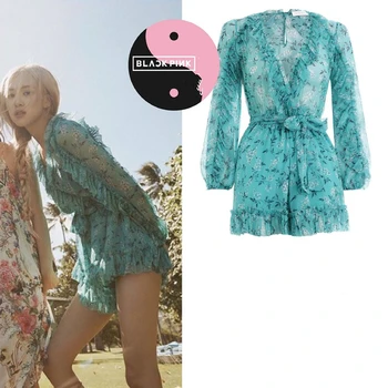 

kpop BLACKPINK ROSE lady party lace mesh perspective long sleeve sexy dress women summer new fashion V-neck lace-up mini dresses
