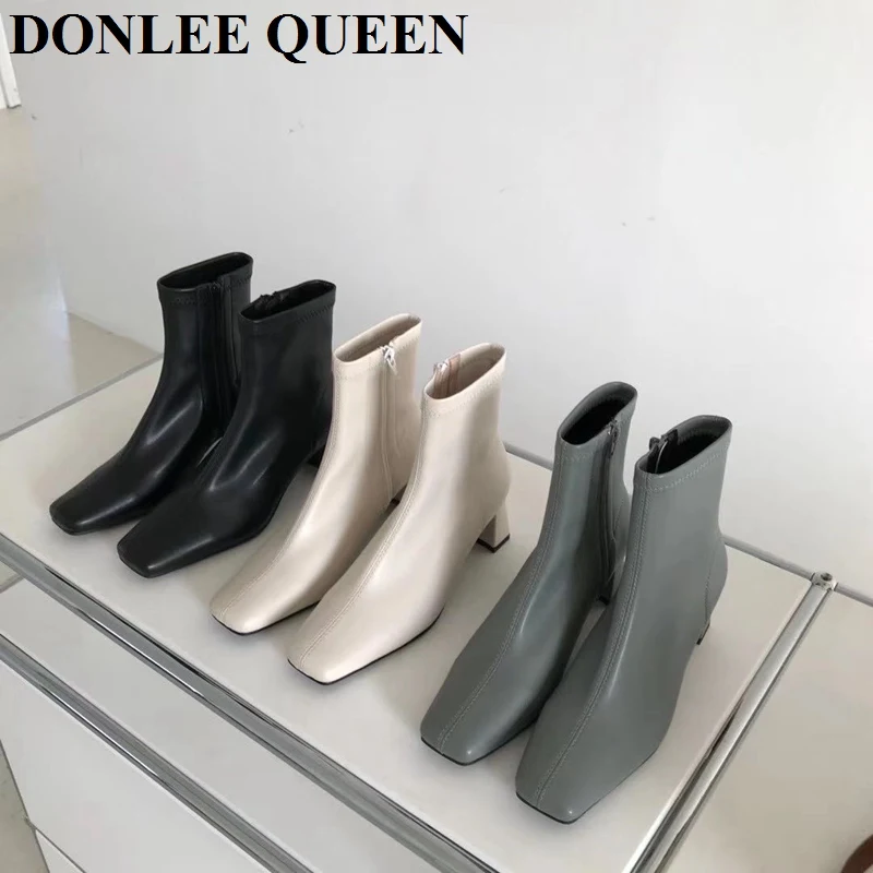 

Square Toe Women Boots Fashion Ladies Med Heel Chelsea Ankle Boot Woman Autumn Winter Booties Comfortable Shoes Zapatos De Mujer