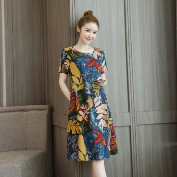 

Summer Dress 2020 New Female mian ma qun Female Straight Mother Dress Long Linen Ethnic Floral Print Dress