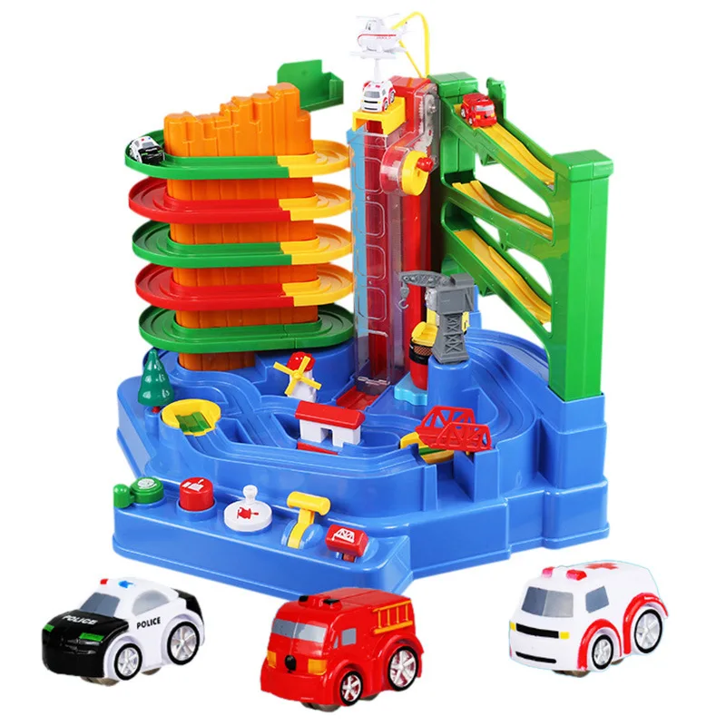 

Douyin Hot Selling Checkpoints Car Adventure Luxury Macaroon Color Inertia Sliding Rail Car Parking Lot Toy