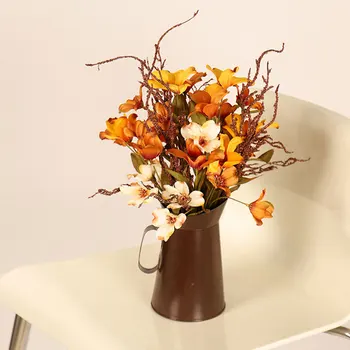 

Artificial Silk Flowers Bouquet with Iron Vase for Wedding Party Thanksgiving Party Decoration Home Office Room Table Ornament