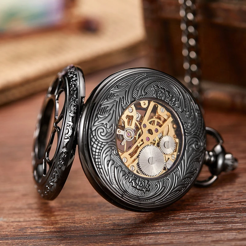 Luminous Mechanical Pocket Watch Hollow Black Dial Hand-Winding Men Pendant Collection Fob Chain Watch Skeleton Steampunk Clock