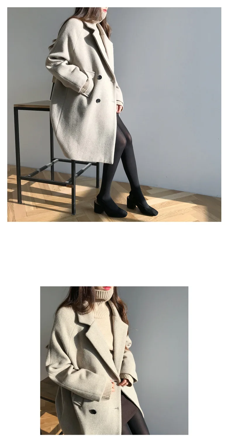 Blends Women Oversize Pockets Double Breasted Korean Style Simple Pure Color All-match Elegant Long Coats Womens Leisure Lovely