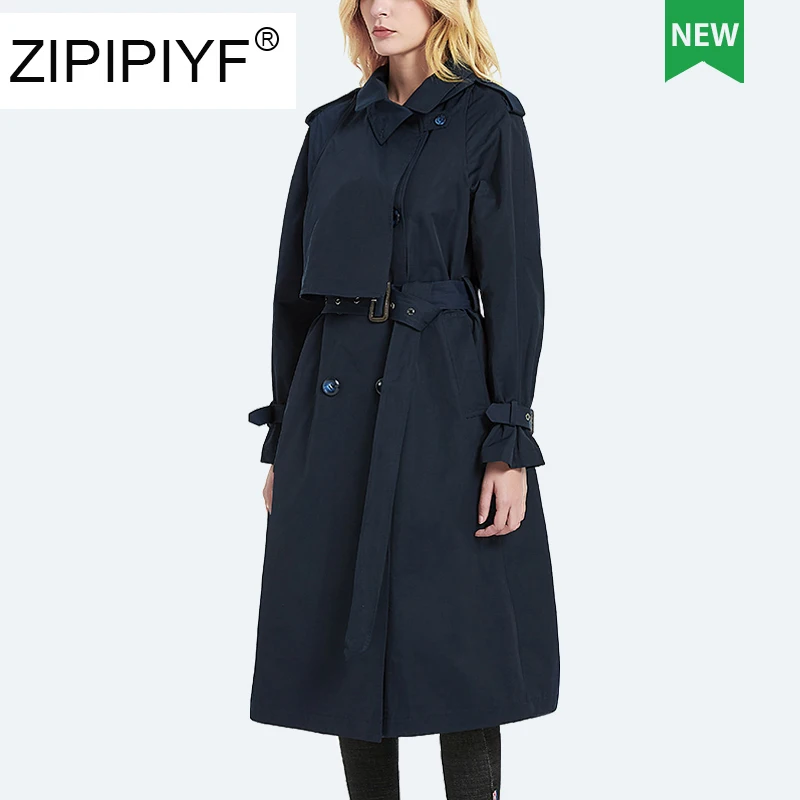 Hot Sale Vogue Navy Blue Women Trench Coat Autumn Temperament OL Quality Solid Color Trench Coat C2109