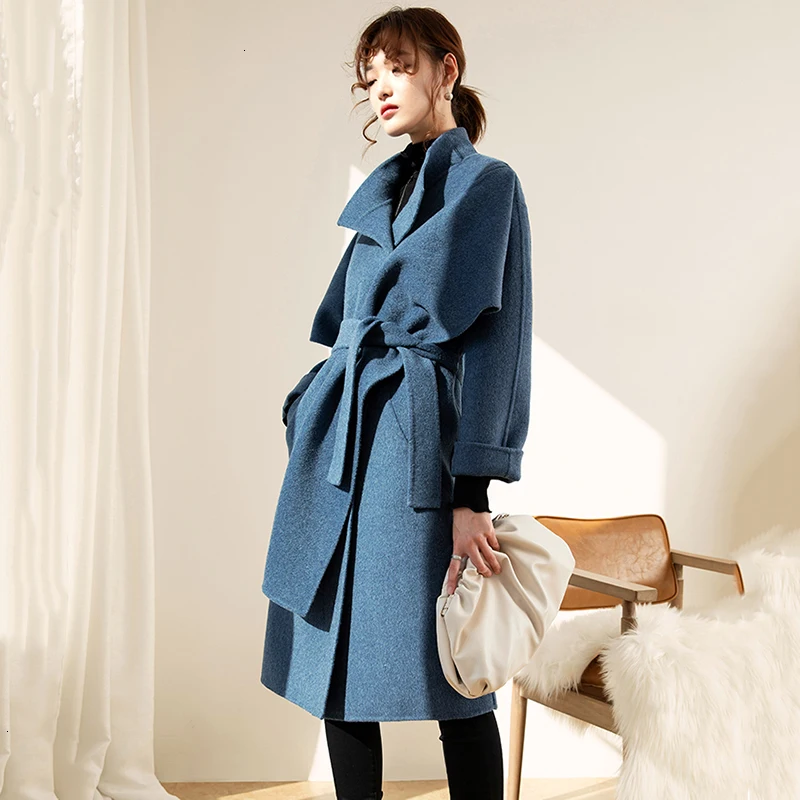 TVVOVVINLoose Fit split Blue, большой размер, с шарфом, шерстяное пальто, парки, новинка, длинный рукав, женская мода, Осень-зима 1485