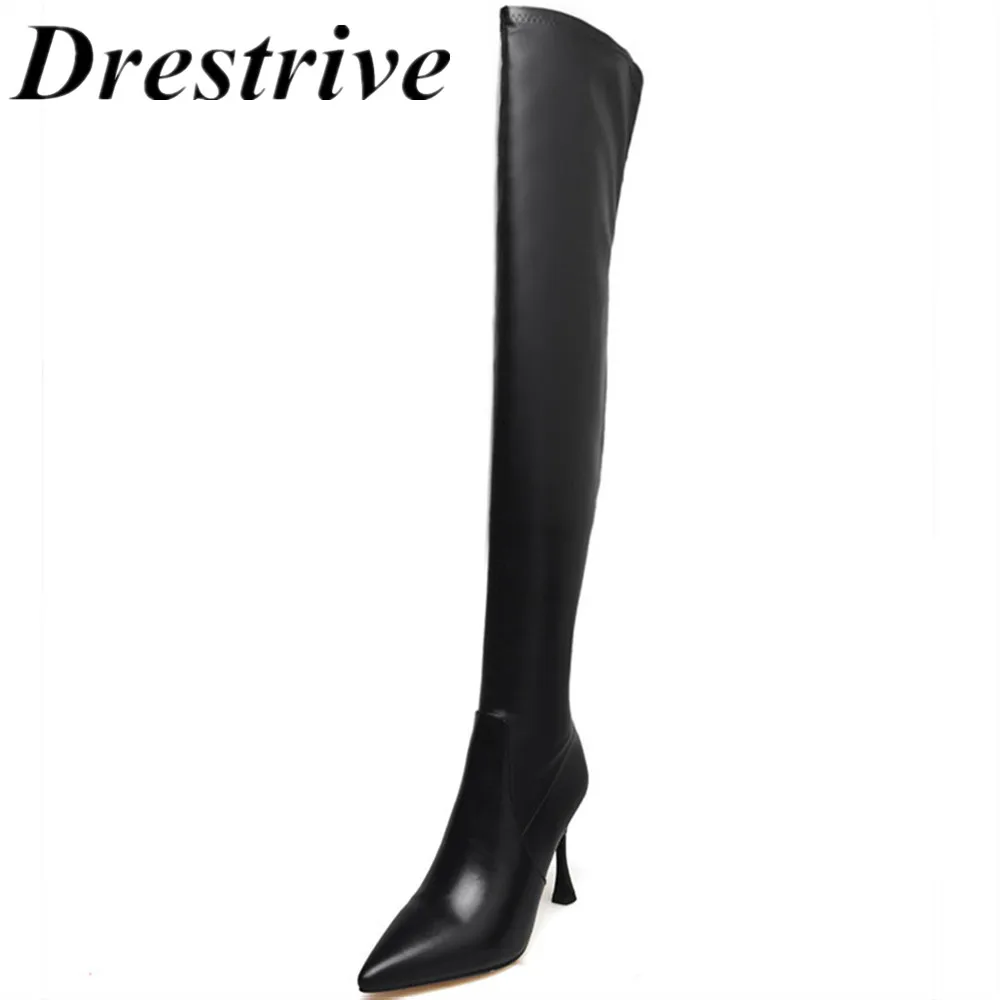 

Drestrive fashion women boots large size 32-43 pointed toe zipper over the knee thin heel 8 cm classics antumn/winter shoes