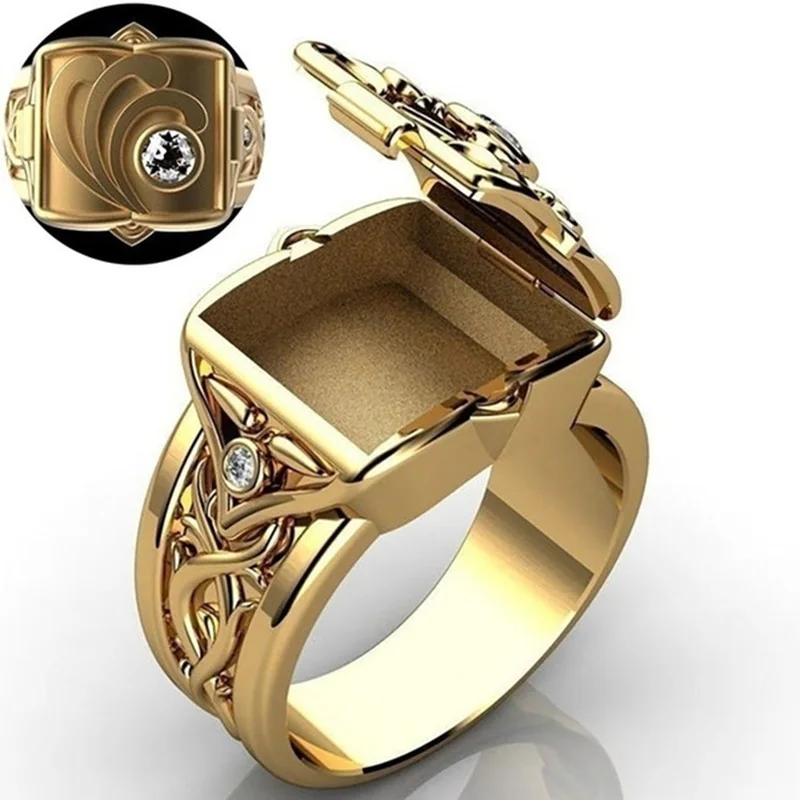 New 14 K Yellow Gold Plated Secret Room Coffin Ring White CZ Stone Engraved Rings For Men Women Punk Party Jewelry Gift B4Z189 | Украшения