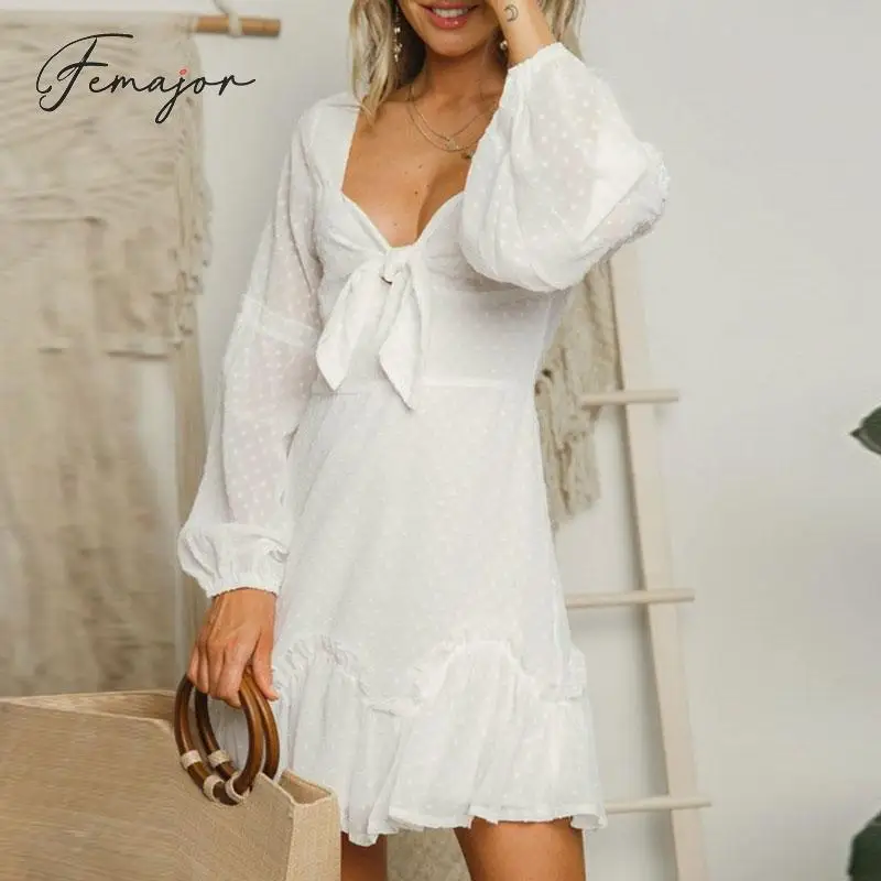 

Femajor Women Autumn Winter Short Party Dress 2019 Fashion Bow Long Sleeve Chiffon Mini Dress Female Elegant Polka Dot Vestidos