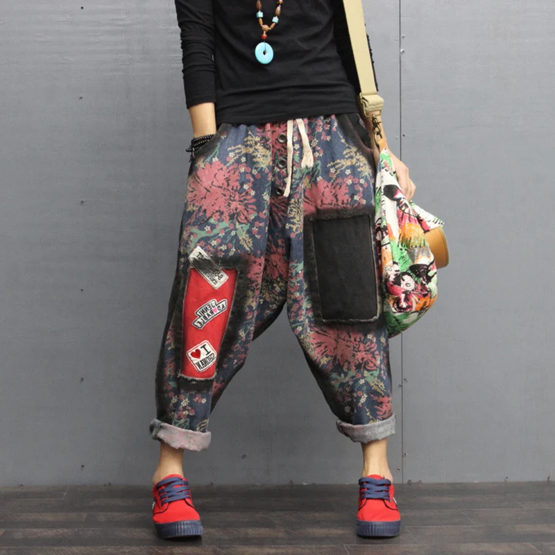 

Loose Cross Pants Patch Jeans Print Women Vintage Patckwork Denim Trousers Korean Punk Stitching Plus Size Oversized Cowboy Chic