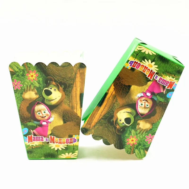 Popcorn Box-6pcs Маша и медведь мультфильм посуда набор День рождения украшения Дети тарелка чашки шляпы салфетки скатерть и флаги соломенные вечерние принадлежности - Цвет: Popcorn Box-6pcs