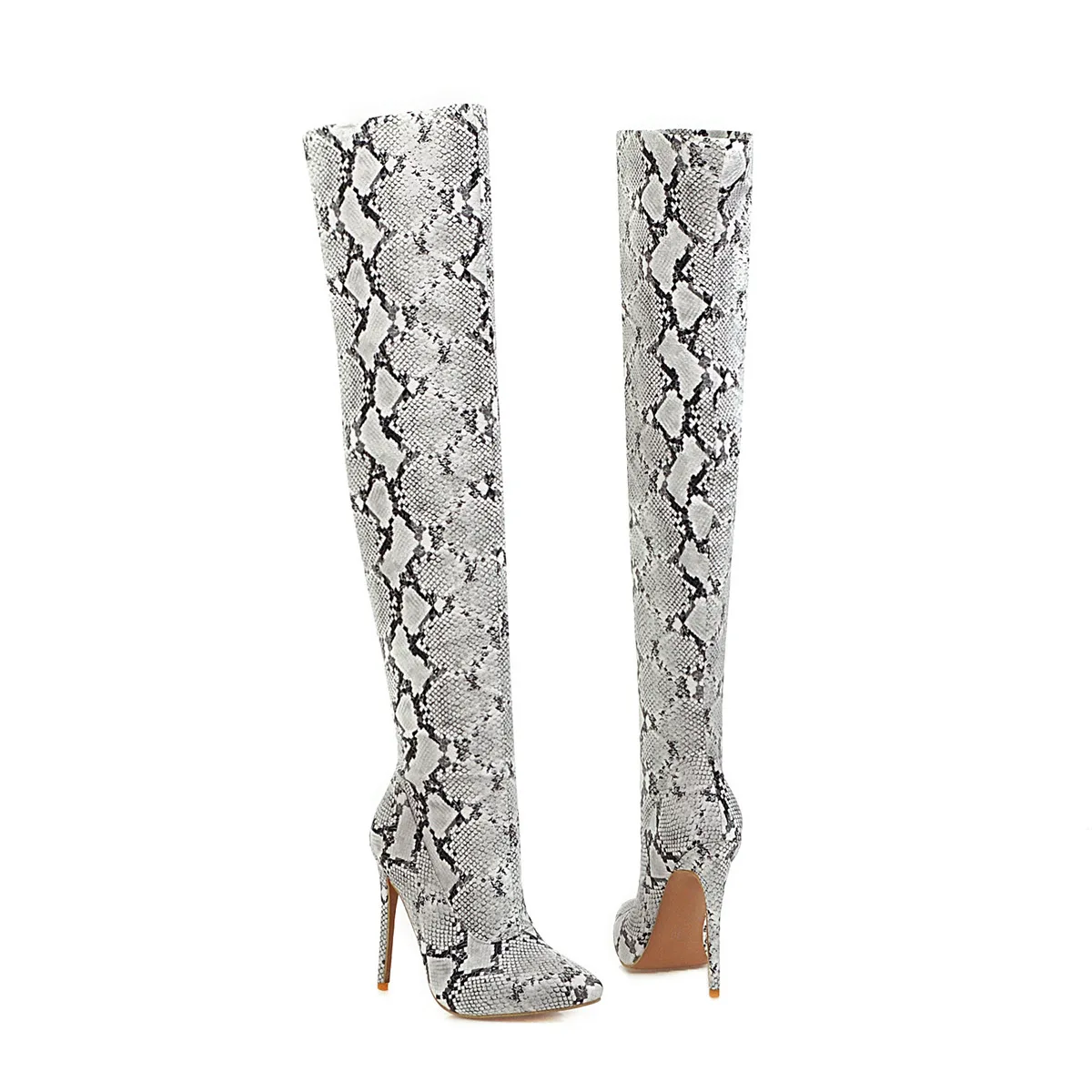 MFYB Women's Boots Winter New Sexy Slim High-heeled Women's Shoes Pointed Snake Pattern 35-43 Oversized Knee Boots - Цвет: Белый