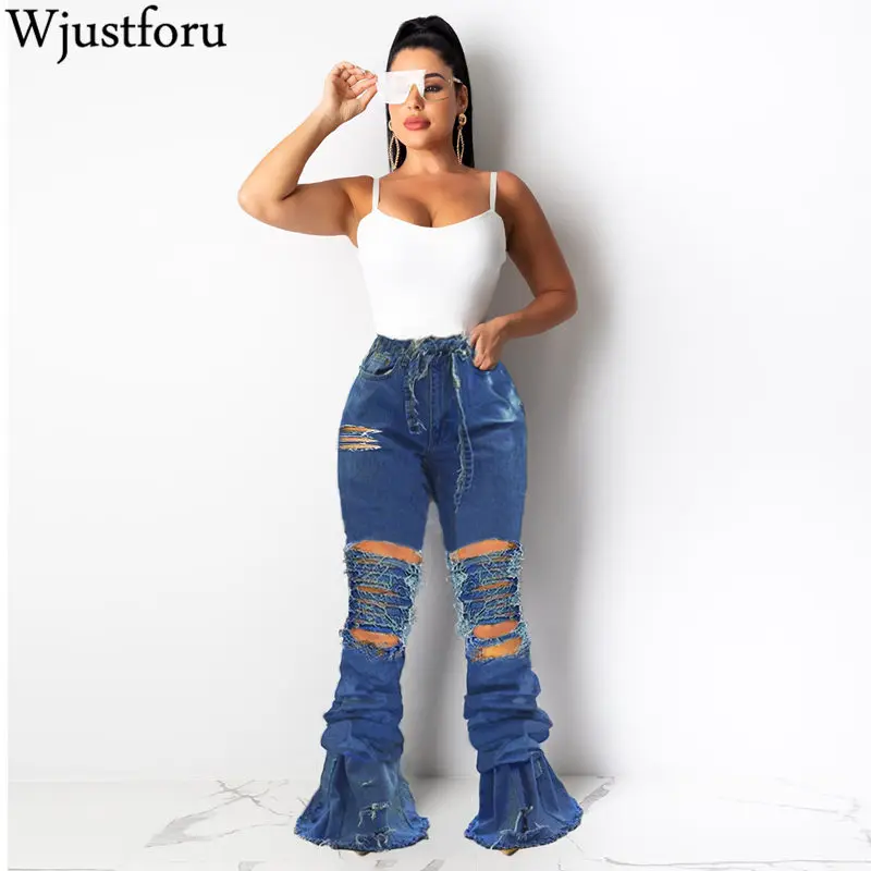 

Wjustforu Bell Bottoms Ripped Flare Jeans For Women Back Hollow Out Patchwork Hole Jeans Female Skinny Club Denim Pants Vestido