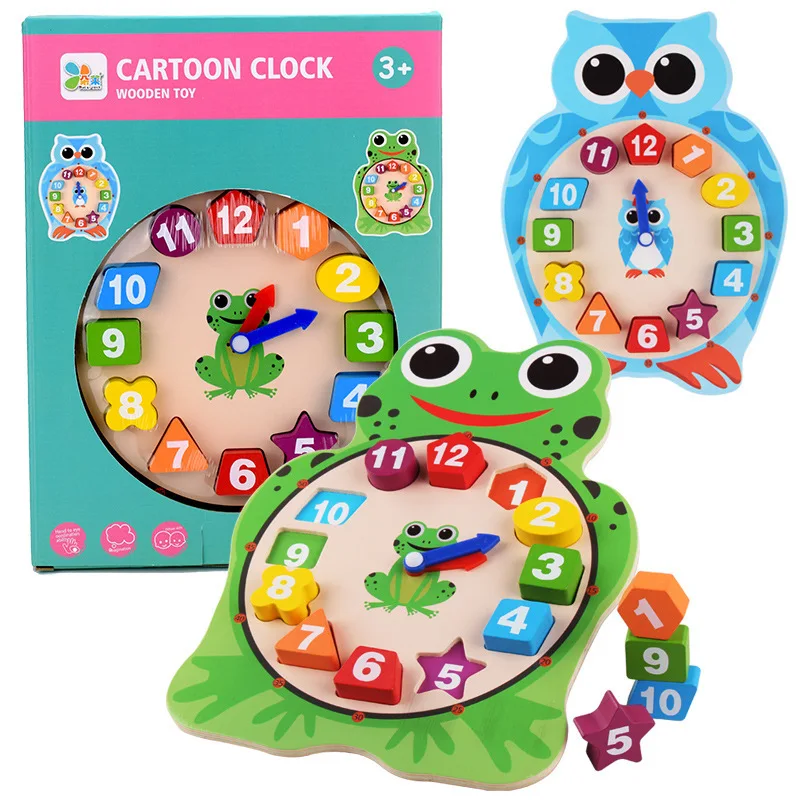  Duo lai Cartoon Animal with Numbers Clock Toy Wood Educational Frog Shape Kindergarten Children Tea - 4000209489744