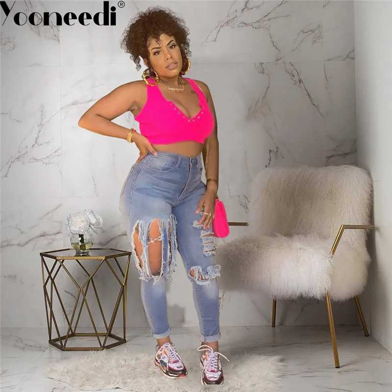 Yooneedi Autumn Design Sexy Plus Size Women Jeans Color Solid Hole Ladies Denim Pants TY-002