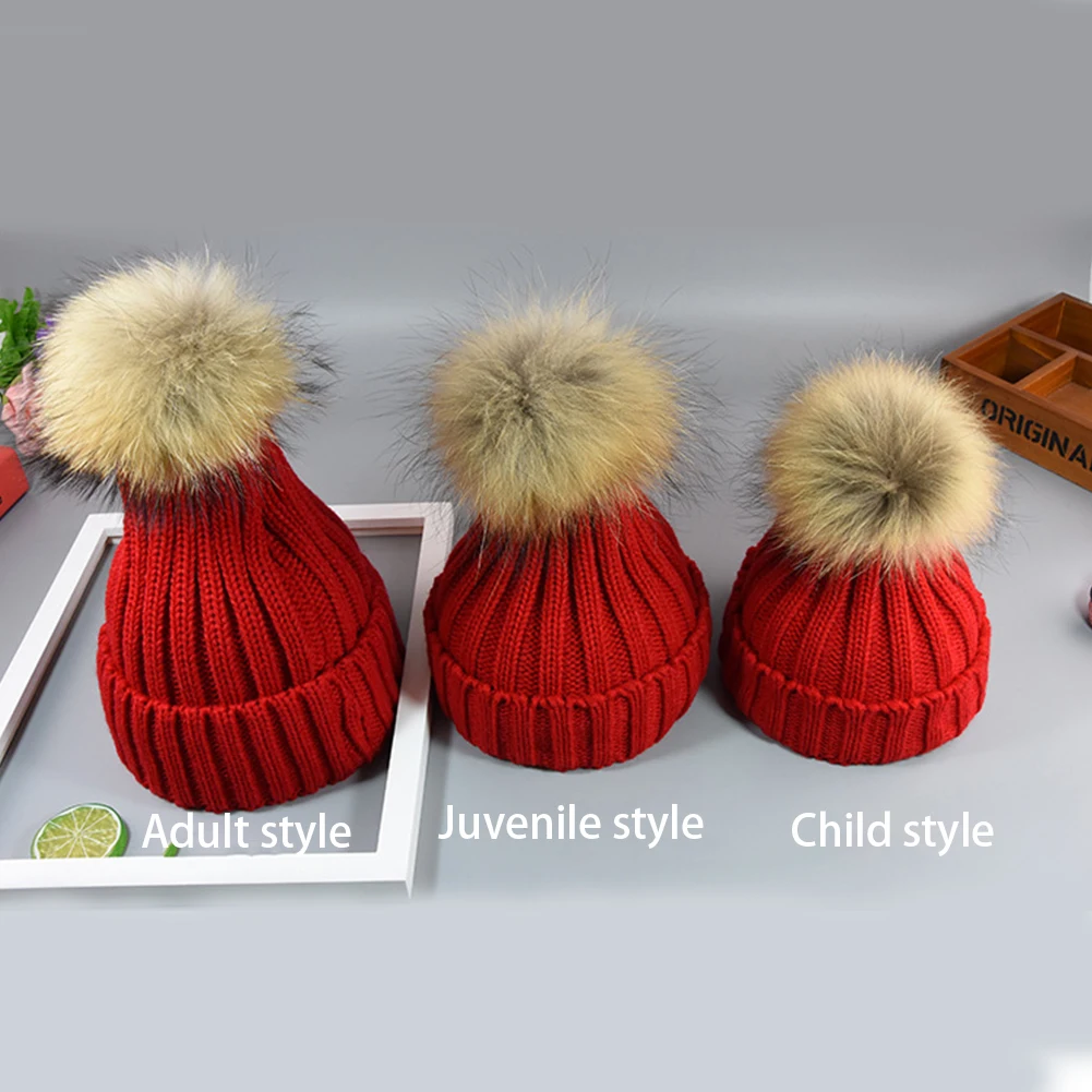Повседневная Зимняя Вязаная Шапка-бини, модная детская Лыжная шапка из искусственного меха, утепленная мягкая шапка с помпоном для родителей и малышей