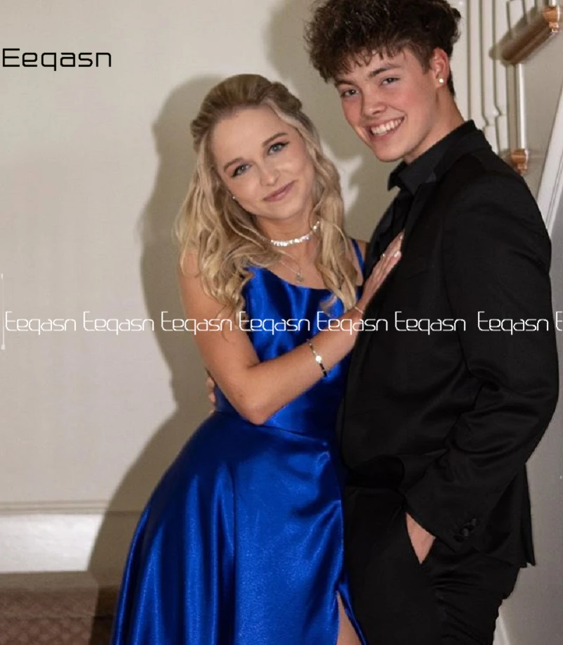 Sexy High Slit Blue Cheap Prom Gowns Evening Formal Dress with Cross Back Satin Pageant Party Dresses Custom