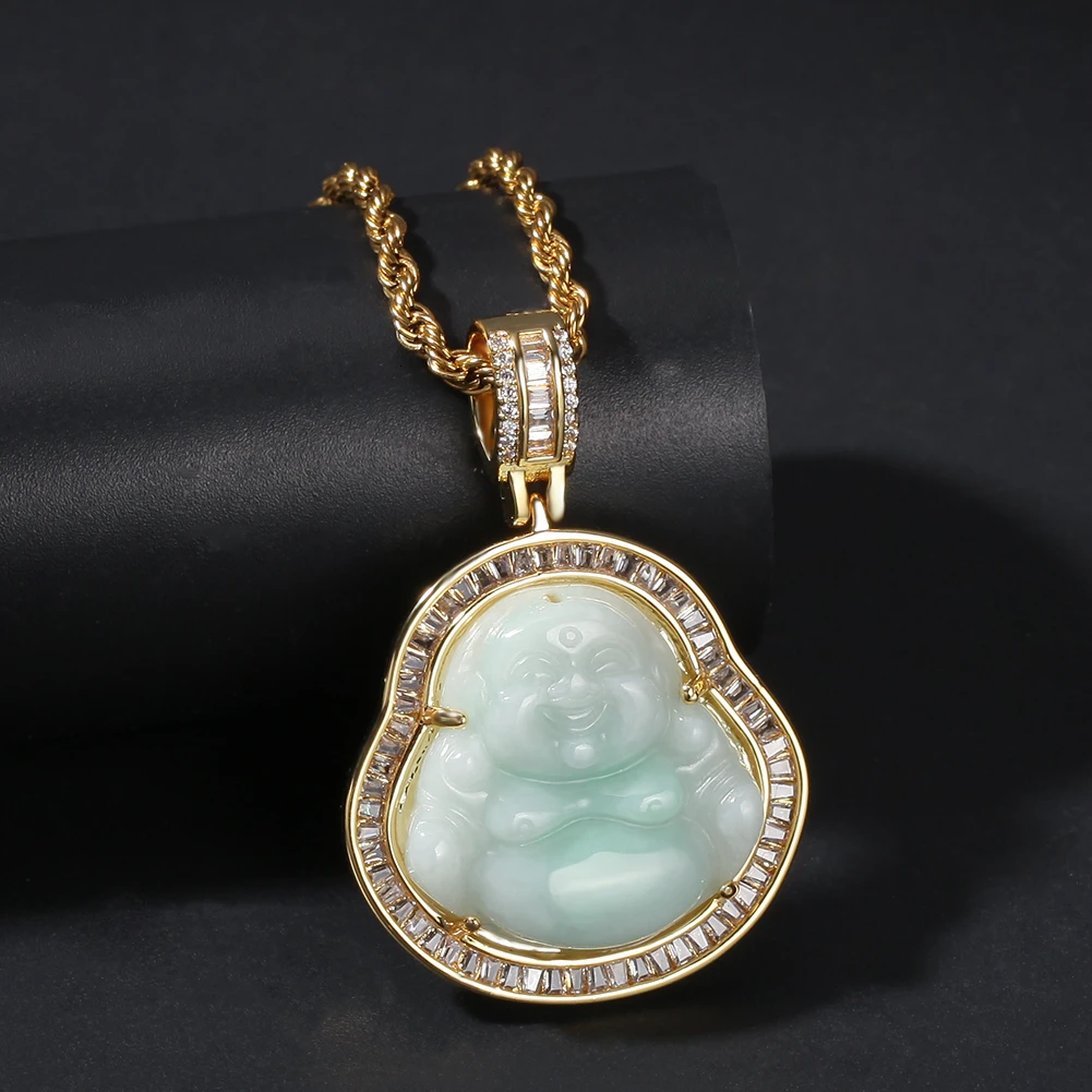 TBTK Mini Green Buddha Figurines Pendant Women Gold Silver Color Gem Necklace Fashion Jewelry New Style Dropshipping
