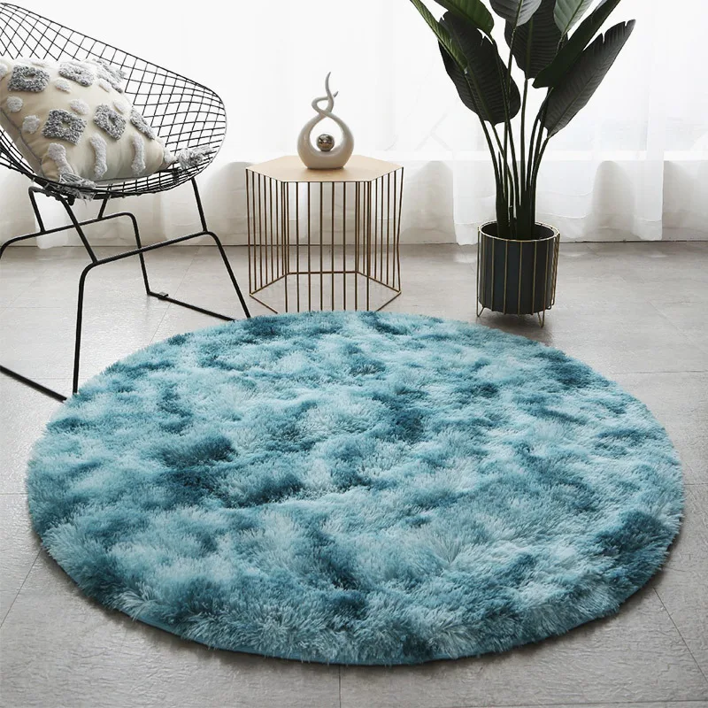 Dark Blue Tie-dye Shaggy Fluffy Carpet Round Long Hair Soft Living Room  Area Rug Chair Mat Kids Room Decor Play Mat Bedroom Rug