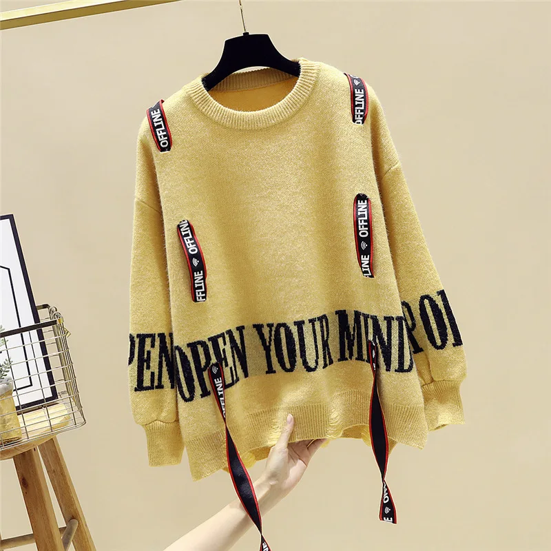 yellow Korobov Harajuku женские свитера с буквенным принтом и лентами, Корейская уличная одежда с длинным рукавом, с вышитыми буквами, Sueter Mujer, вязаные пуловеры 79312 - Цвет: yellow