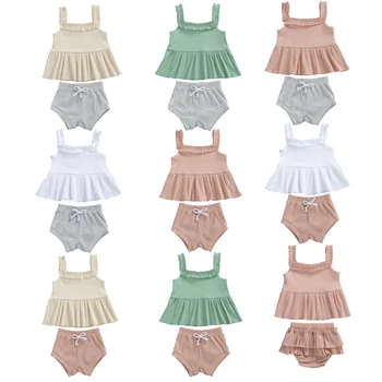 

Cute Baby Summer Clothing Newborn Baby Girls Clothes Set Cotton Knitted Ribbed Dress Shirt Tops+Shorts Pants 2Pcs Baby Outfits