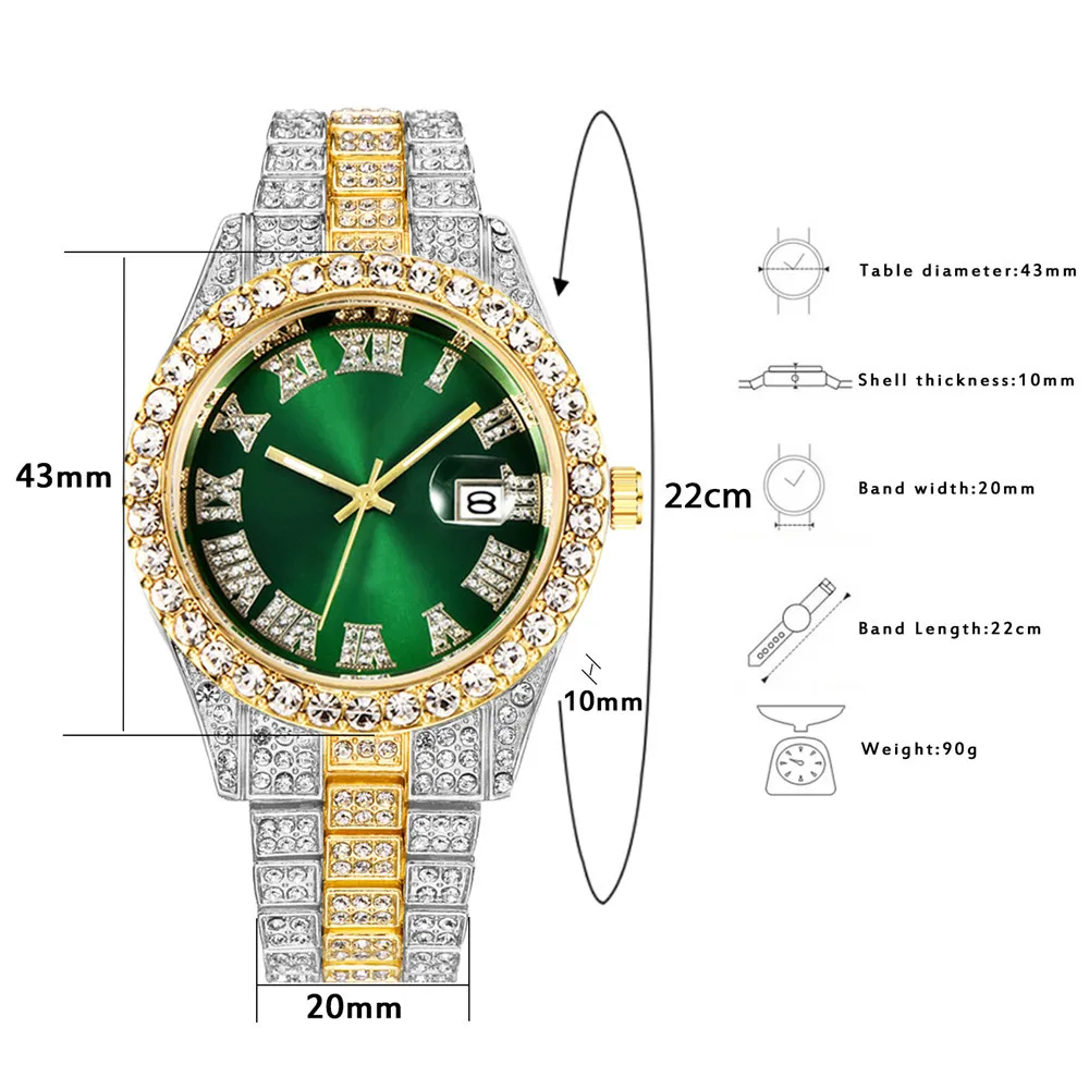 Bling Bling Watch for Men Luxury Rhinestone Full Iced Out Watch Clock Big Red Dial Military Hip Hop Wristwatch Relogio Masculino