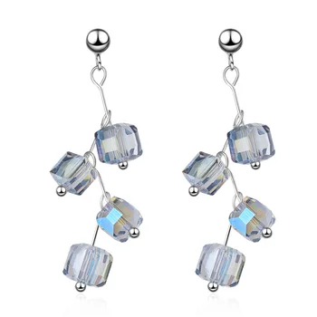 

100% 925 Sterling Silver Trendy Square Crystal Lady Tassel Stud Earrings Jewelry Women Never Fade Christmas Gift Cheap